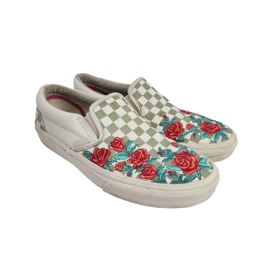 VANS Checkerboard Rose Embroidered Leather Slip On Men  8/Women 9.5 Grey Floral